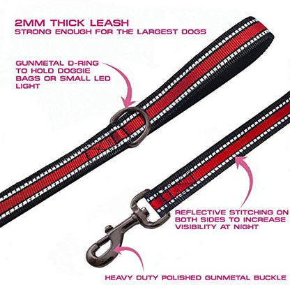 JSXD 5 FT Heavy Duty Double Handle Dog Leash with Comfortable Padded and Reflective Rope, Suitable for Small, Medium, Large Dogs (Wide-Red) - color: Wide-Red