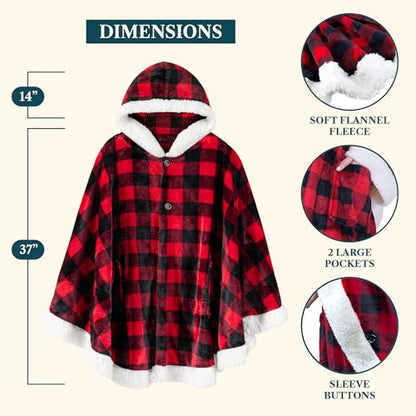 PAVILIA Hooded Blanket Poncho, Fleece Wearable Shawl Wrap Throw, Plaid Red | Fleece Shawl Wrap with Hood, Adult Wearable Blanket, Cozy Warm Poncho Cape Throw with Pockets, Gift for Elderly Mom - color: Checker Red
