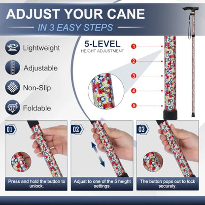 supregear Folding Cane, 5-Level Adjustable Height Walking Stick Lightweight Collapsible Portable Travel Cane with Wrist Strap and T Handle for Elderly Disabled Men Women - color: White Dense Blossoms