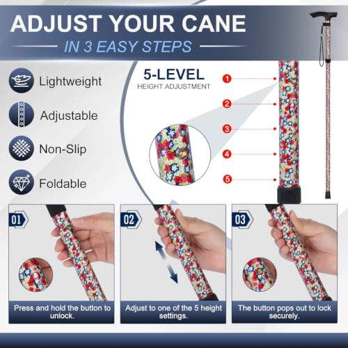 supregear Folding Cane, 5-Level Adjustable Height Walking Stick Lightweight Collapsible Portable Travel Cane with Wrist Strap and T Handle for Elderly Disabled Men Women - color: White Dense Blossoms