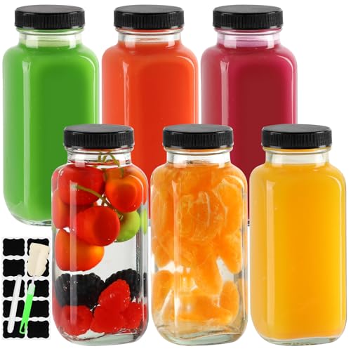 Glass Juice Bottles with Lids 8 oz - 6 Pack Reusable Drink Jars Containers with Labels and Brush for Juicing, Water, Milk, Kombucha, Smoothies - size: 8 oz