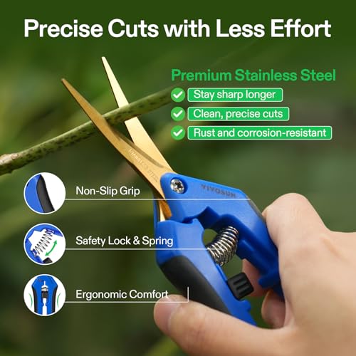 VIVOSUN Curved Gardening Scissors 6.5 Inch Hand Pruner Shear with Titanium Coated Blades 1-Pack | Curved Precision Stainless Steel Blades, Comfort Ergonomic Grips, Ideal Snip for deadheading, Trimming & Shaping Plants - style: Blue Curved Blade