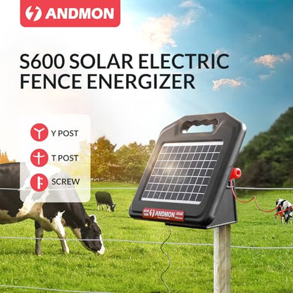 ANDMON S700 35 Miles Solar Fence Charger, 0.76 Joule Solar Electric Fence Charger for Livestock, Horses, Cattle Sheep, Solar Powered Electric Fence with Dual Input, Easy Installation