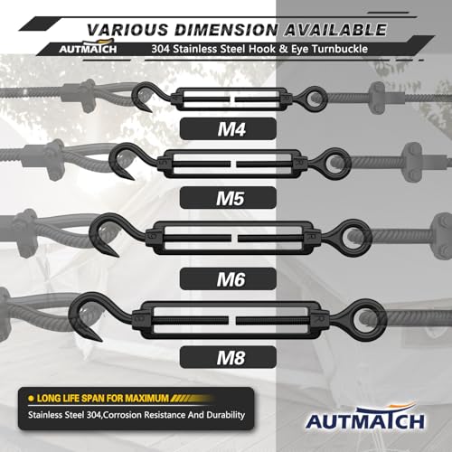AUTMATCH M6 Hook & Eye Turnbuckle - 304 Stainless Steel Wire Rope Tensioner | Adjustable Turnbuckle for Cable Railing, Fence & Shade Sail Hardware, Wire Rope Tension Kit, 6-Pack, Black - color: Black Tone - Hook & Eye, size: M6