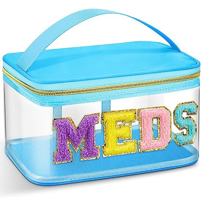 Geetery Chenille Letter Bag, Meds Cheer Travel Cases Cheerleader Gifts Cosmetic Bag Nylon Makeup Portable Preppy Patch with Zipper Toiletry Storage Case for Women(Blue,Meds) - color: Blue, style: Meds