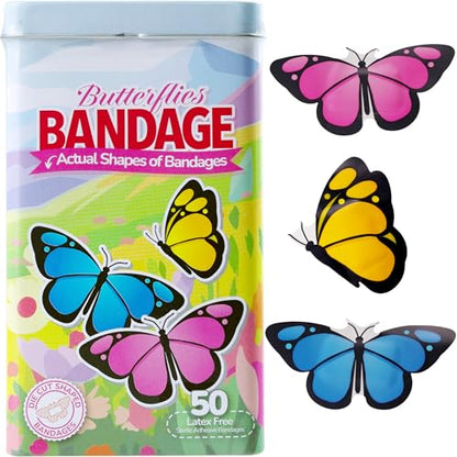 BioSwiss Bandages, Butterfly Shaped Self Adhesive Bandage Set, Latex Free, Sterile Wound Care, 50 Count - color: Butterflies, size: 50-Count Tin