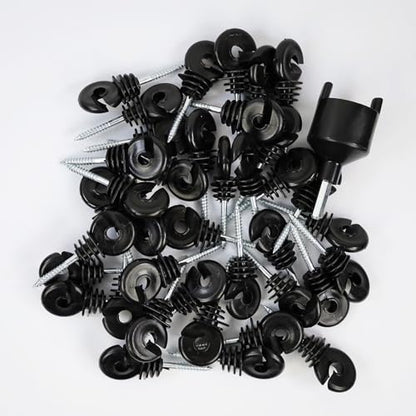 100 pcs Electric Fence Insulator, Black Self-Tapping Insulator, Fence Ring Post Screw-in Wood Post Insulator, with 1 pc Insulator Socket Tool (Fit for Electric Drill) - size: 100 pcs