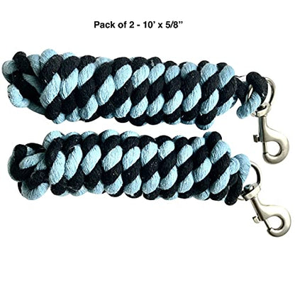 Majestic Ally Pack of 2 Solid Cotton Lead Rope for Horses & Livestock – 10 Foot Long and 5/8 inch Thick - Replaceable Heavy-Duty Satin Bolt Snap – Handmade – Soft, Broken in Feel (Sky Blue - Black) - color: Sky Blue - Black