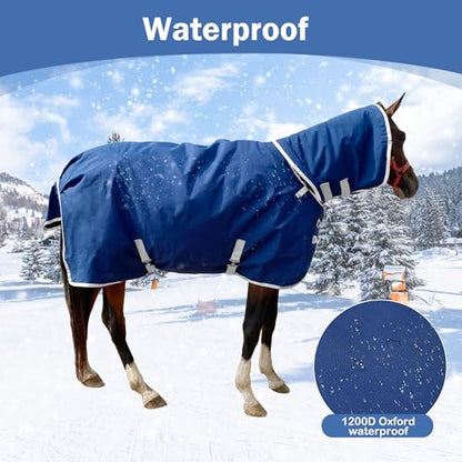 1200D Winter Waterproof Horse Trunout Blanket, 280g Warm Cotton Filling Liner with Turnout Neck Cover Detachable, Medium Weight Waterproof Horse Blanket (Back Length 72 inch / 135 CM) - size: Back Length 72 inch / 135 CM