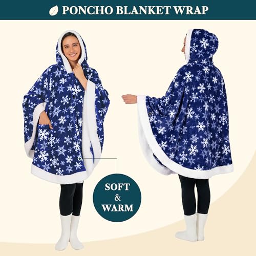 PAVILIA Hooded Blanket Poncho, Fleece Wearable Shawl Wrap, Snowflake Blue | Fleece Shawl Wrap with Hood, Adult Wearable Blanket, Cozy Warm Poncho Cape Throw with Pockets, Gift for Elderly Mom - color: Snowflake Blue