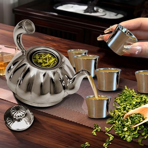Stainless Steel Teapot with Removable Infuser - 12OZ Stovetop Safe Tea Maker Water Kettles for Loose Leaf, Small Pumpkin Tea Kettle for Coffee Tea Milk, Thickened Mirror Polished Ornaments