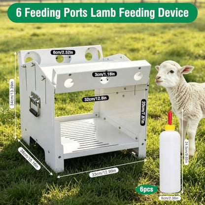 6 Feeding Ports Goat Bottle Feeder Rack with 6 x 500ml Milk Bottles | Double Sided,Free Standing,Portable Lamb Bottle Holder,Galvanized Goat Bottle Feeder Rack For Baby Goats Lambs Piglet Puppy