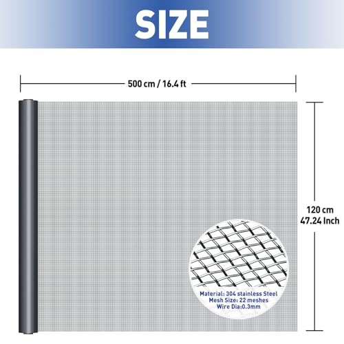 MAGZO 304 Stainless Steel Mesh Window Screen Roll 47in x 16ft - 22 Mesh - color: Black, size: 47" x16FT