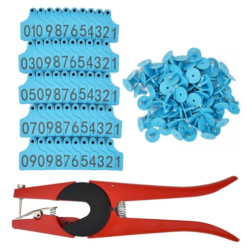 100 Numbered Cattle Ear Tags Large Animal Identification Tags TPU Livestock Ear Tag for Cattle Cow Horse Hog Pig Goat Sheep Applicator Kit (001-100 Blue)