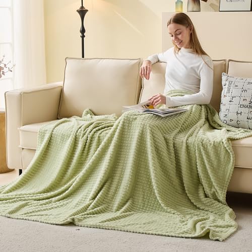 EMME Fleece Throw Blanket Luxury Flannel for Couch Bed Sofa Chair, Soft, Plush, Warm and Cozy Blanket with Geometric Grid Design (Sage Green, 60'' x 80'') - color: 15-grid-sage Green, size: Twin