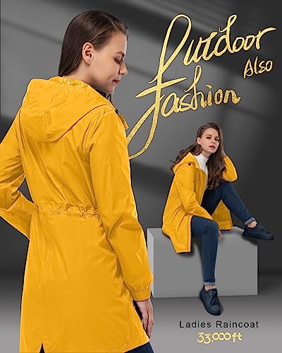 33,000ft Women's Waterproof Long Rain Coats Packable Rain Jacket with Hood - color: Amber Gold, size: Small