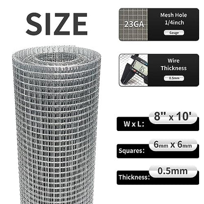 Hardware Cloth 8'' x 10' 1/4 in Galvanized Wire Mesh Roll (23 GA) Chicken Wire Fence Roll for Chicken Pen/coop Fences, Screen mesh, Rabbit/Snake Fences, Poultry enclosures, Handicraft Making, etc. - size: 8In x 10Ft