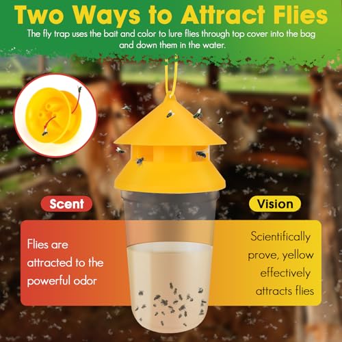 Outdoor Fly Trap, 2 Pack Reusable Hanging Fly Traps with 12 Bait Refills | Includes 12 Non-Toxic Dissolvable Bait Refills for Catching House, Barn, Filth Flies Around Patios, Yards, Farms, Ranches