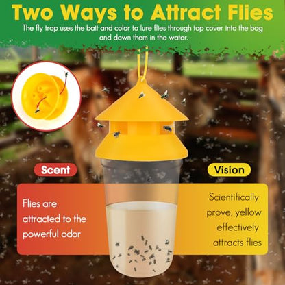 Outdoor Fly Trap, 2 Pack Reusable Hanging Fly Traps with 12 Bait Refills | Includes 12 Non-Toxic Dissolvable Bait Refills for Catching House, Barn, Filth Flies Around Patios, Yards, Farms, Ranches