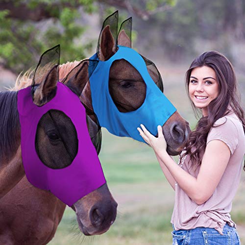 Weewooday 2 Pcs Horse Fly Mask with Ears, Soft Stretchy Horses Face Masks for Flies, Breathable Mesh Eye Cover, UV Protection Horse Masks for Pasture, Barn, Turnout(L,Purple, Blue) - color: Purple, Blue, size: L