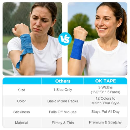 OK TAPE Self Adhesive Bandage Wraps, 36 Pack 1"/2"/3" x5Yd Athletic Tape