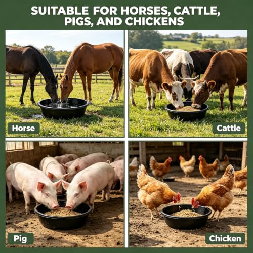 5 Pack Rubber Feed Pan, 12 Quart/3 Gallon Large Capacity Livestock Feeding Pan, Heavy Duty Durable Farm Feeding Tub for Horse, Goat, Pig, Dog and Poultry, Farm Supplies, Black
