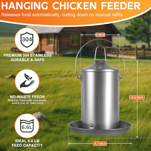 6.6lb Stainless Steel Hanging Chicken Feeder, Metal No Waste Poultry Feeder, Rustproof, Reusable, Long-Lasting, Gravity Feed Chicken Coop Accessories for Chicken, Geese, Duck, Hens, Rooster, Chick - color: 6.6lb