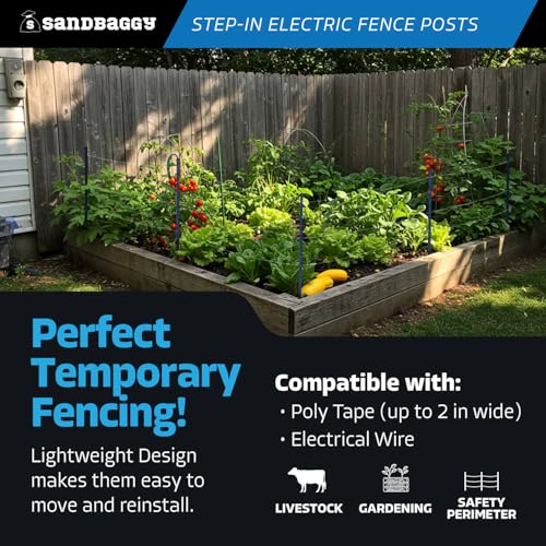 Sandbaggy 4 ft Plastic Step in Electric Fence Posts - UV Resistant - Temporary or Semi-Permanent Fencing for Livestock, Grazing, Gardening - Lightweight, Adjustable Height (4 ft, Black, 10)