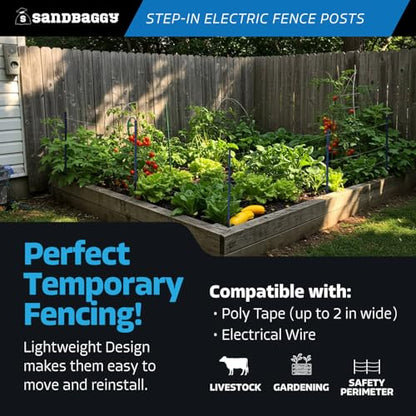 Sandbaggy 4 ft Plastic Step in Electric Fence Posts - UV Resistant - Temporary or Semi-Permanent Fencing for Livestock, Grazing, Gardening - Lightweight, Adjustable Height (4 ft, Black, 10)