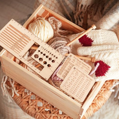 Eersida 15Pcs Wooden Knitting Gauge Set Yarn Tool with Ruler & Chain, Basic | Needle Gauge Measuring Tools, Crafts Knitting Supplies Accessories, Multi-size Holes for Beginner Knitting Crochet Lover