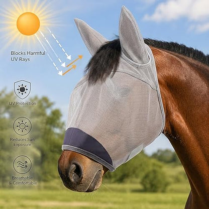 Horse Fly Mask, Super Comfort Fly Masks for Horses, Adjustable UV Protection Breathability Horses Fly Masks with Ears, Pony Mini Equine Fly Mask for Miniature Foal Draft Cob Srabian Full (Gray, XS) - size: XS