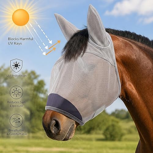 Horse Fly Mask, Super Comfort Fly Masks for Horses, Adjustable UV Protection Breathability Horses Fly Masks with Ears, Pony Mini Equine Fly Mask for Miniature Foal Draft Cob Srabian Full (Gray, M) - size: M
