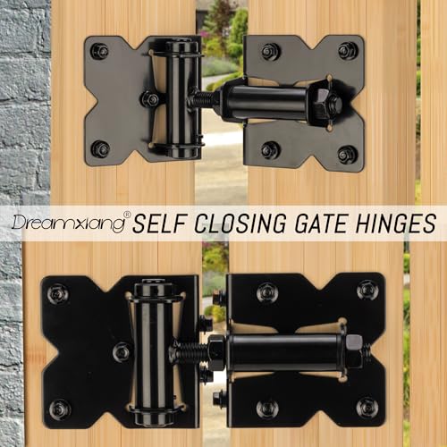 Heavy Duty Non-Weld Self Closing Gate Hinges Adjustable Hardware 2 Pack | 90 Degree Gate Hinges Kit for Wood/Vinyl/Metal/Outdoor Fence, with Self-Tapping Screws and Swing Adjuster Tool