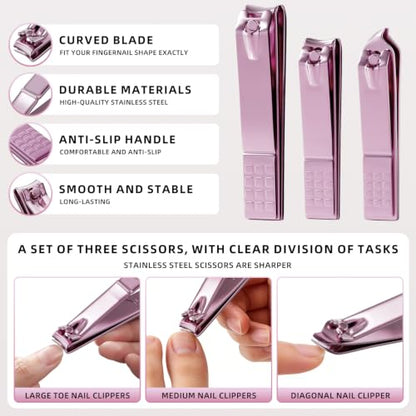 Manicure Set, Stainless Steel Nail Clipper Set with Travel Case | 12-Piece Set with Thicker Steel, Precision-ground Cutting Edges, and Smooth-finished Tools for Clean, Precise Trimming. - color: Rose Purple