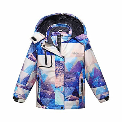 wantdo Girls Winter Ski Coat Fleece Snowboarding Jacket Waterproof 10000mm | Removable Hood, Chest Pocket, Fleece Lining, Windproof, Machine Washable - color: Mountain Flora, size: 6-7