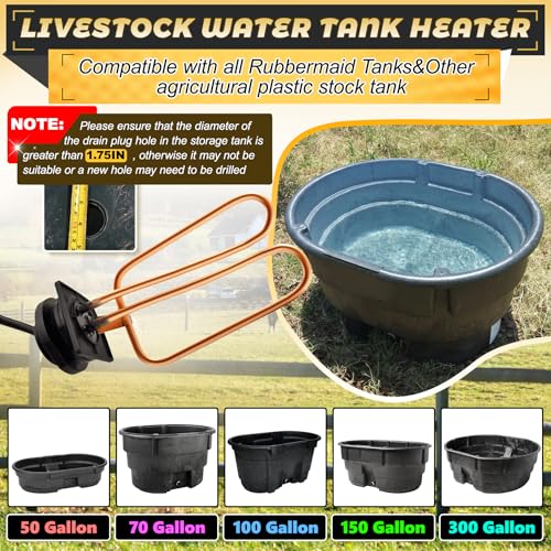 Submersible Stock Tank Heater Fit for rubbermaid Stock Tanks, 1500W Deicer, Thermostatically Controlled, Rubbermaid Water Trough Heater, Water Trough Heater for Livestock, Three-Years Free Replacement