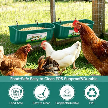 Chicken Feeder Waterer Set, Hanging Fence Feed Trough for Livestock Poultry, Waterer Bucket for Hens Gooses Goat Sheep Deer Duck （ 2 * 2.7 Quart ） - color: Green