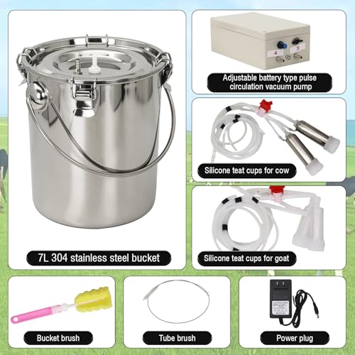 2-in-1 Goats and Cows Milking Machine Upgrade 1.85Gal/7L | Electric Adjustable Vacuum Pulsation Milker, 5200mAh Battery Built-in Rechargeable & Stainless Steel Bucket & 4 Cups (7L) - size: 7L