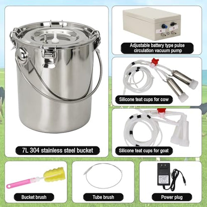 2-in-1 Goats and Cows Milking Machine Upgrade 1.85Gal/7L | Electric Adjustable Vacuum Pulsation Milker, 5200mAh Battery Built-in Rechargeable & Stainless Steel Bucket & 4 Cups (7L) - size: 7L