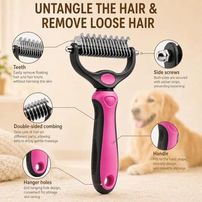 2PCS Pet Grooming Combo - Blue Deshedding Brush with Metal Comb for Detangling and Dematting Long, Matted Fur on Cats and Dogs (Pink+Blue) - color: Pink+Blue