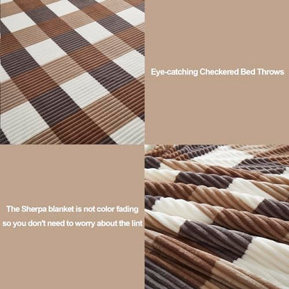 PU MEI Sherpa Blanket Twin Plaid Thick Bed Blanket, 60”*80” Super Soft Flannel Fuzzy Fleece Reversible Velvet Plush Warm Blanket for Couch (Beige Check, 60"*80") - color: Beige Check, size: 60"*80"