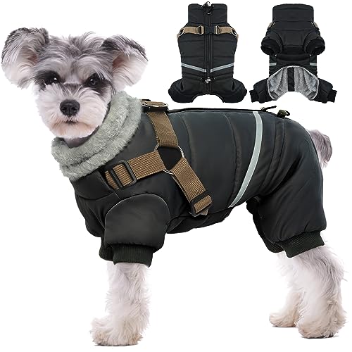 BRKURLEG Black Dog Coat with Harness, Dog Winter Jacket, Dogs Onesie Body Warm Jackets, Small Dogs Winter Coats Reflective Windproof Warm Cold Weather Coats, Pet Waterproof Jacket Hiking S - color: Black, size: Small