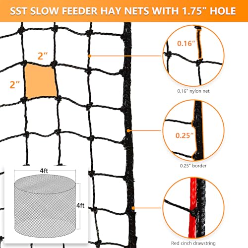 5x5 ft Round Bale Hay Net for Horses & Livestock - Slow Feeder Hay Nets with 2 inches Hole - color: Black-Red