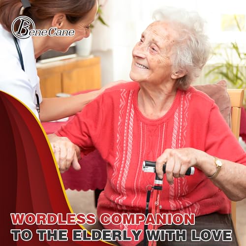 BeneCane Walking Cane for Women Folding Cane for Men with Two Led Lights Quad Cane with Stable Base Lightweight and Adjustable Walking Stick - color: Carved Red