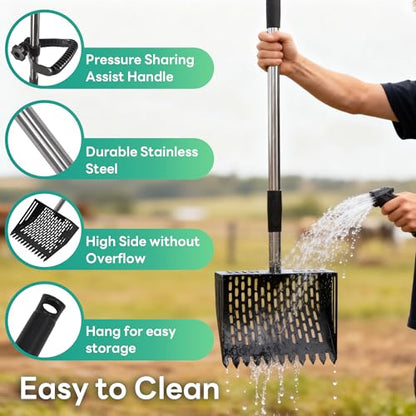 Oture Chicken Poop Scooper & Rake 2-in-1, Metal Chicken Coop Scoop Shovel for Poop, 24 to 66'' Adjustable Handle Litter Scooper Sand Sifting Shovel for Coops/Goat Stall/Farm Animals