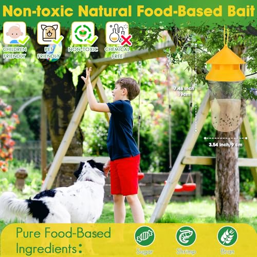 Outdoor Fly Trap, 2 Pack Reusable Hanging Fly Traps with 12 Bait Refills | Includes 12 Non-Toxic Dissolvable Bait Refills for Catching House, Barn, Filth Flies Around Patios, Yards, Farms, Ranches