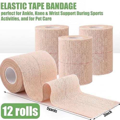 Geiserailie 12 Rolls 3 Inches Elastic Tape Self Adhesive Wrap Sports Pets | Cohesive Stretch for Ankle Knee Wrist, Sticks to Itself Not Skin Hair, Athletic Training Pet Animal Protection, Tan Beige - size: 3 Inch