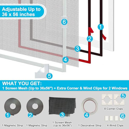 Magnetic RV Window Screen, Max 36 x 56" + Corner & Wind Clips for 2 Windows - size: 3-Pack