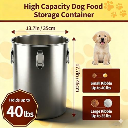 304 Stainless Steel Dog Food Storage Container, 35LB/40LB Airtight Pet Food Container with Locking Lid & Silicone Seal, Large Metal Food Storage Bin for Dry Dog/Cat Food, Rice, Flour (35 LBS) - size: 35 LBS