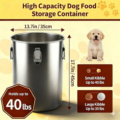 304 Stainless Steel Dog Food Storage Container, 35LB/40LB Airtight Pet Food Container with Locking Lid & Silicone Seal, Large Metal Food Storage Bin for Dry Dog/Cat Food, Rice, Flour (35 LBS) - size: 35 LBS